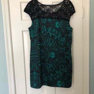 Green and black silk, lace detail dress | Express